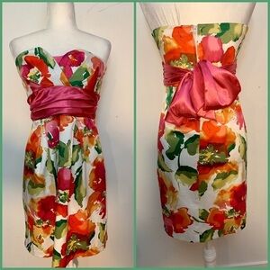 - Trixxi Strapless Bright Pink Floral Satin Short Dress